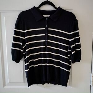 NWT Free Assembly Navy White Stripe Collared Sweater L Preppy Office Stretch